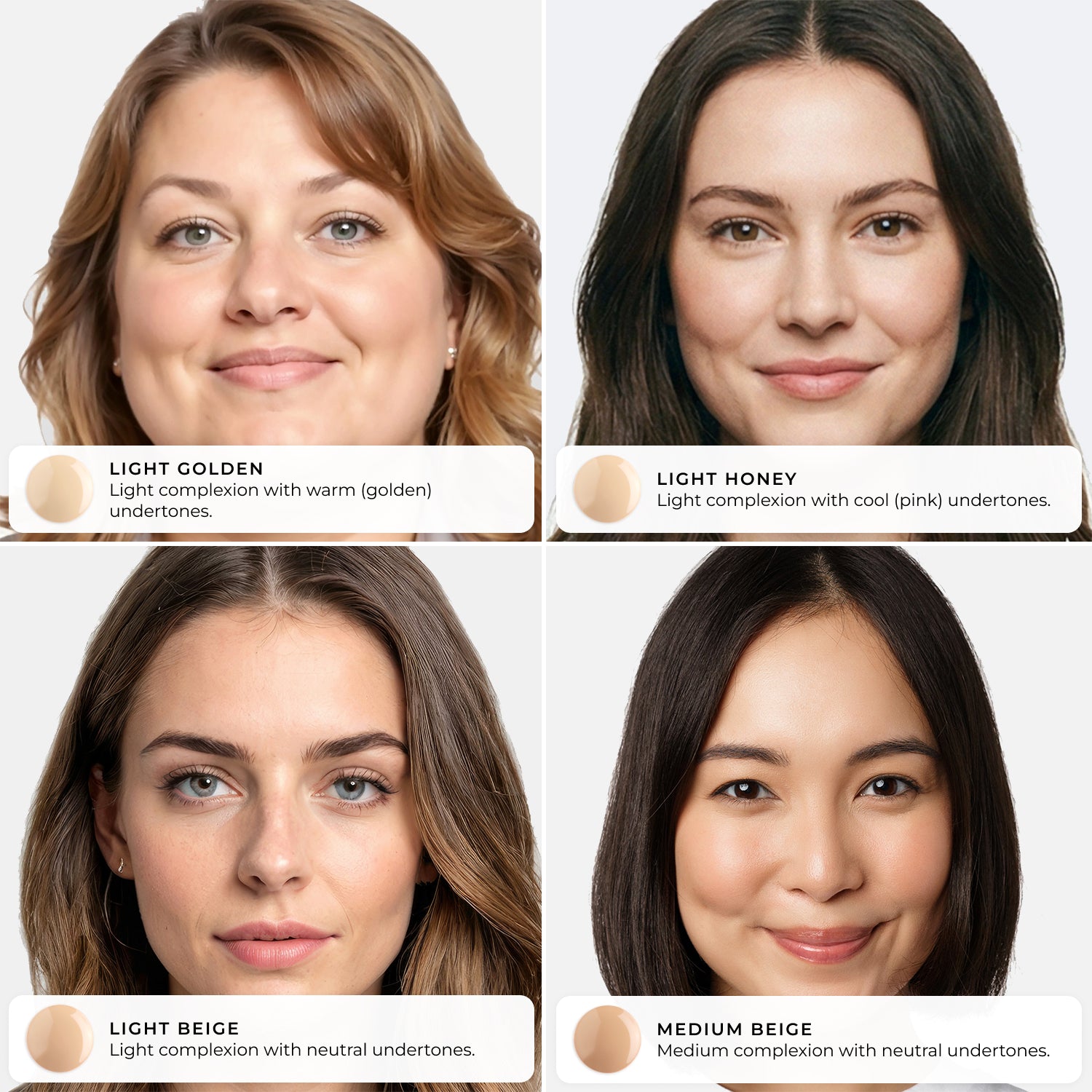 Group of four women wearing different AMAZINGCONCEALER shades, demonstrating undertones and coverage with shades labeled.