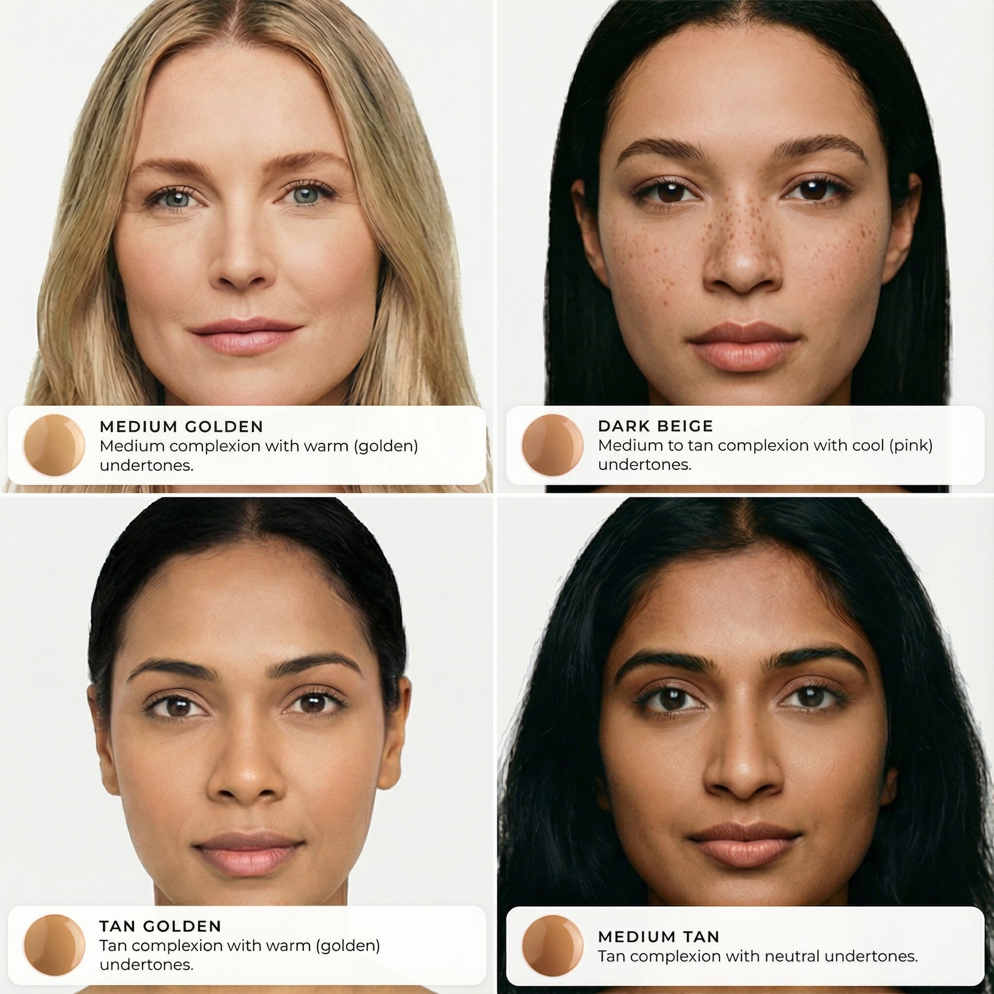 Group of four women wearing different AMAZINGCONCEALER shades, demonstrating undertones and coverage with shades labeled.