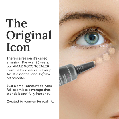 Model applying AMAZINGCONCEALER under eyes to show brightening, full-coverage results and seamless natural skin finish.