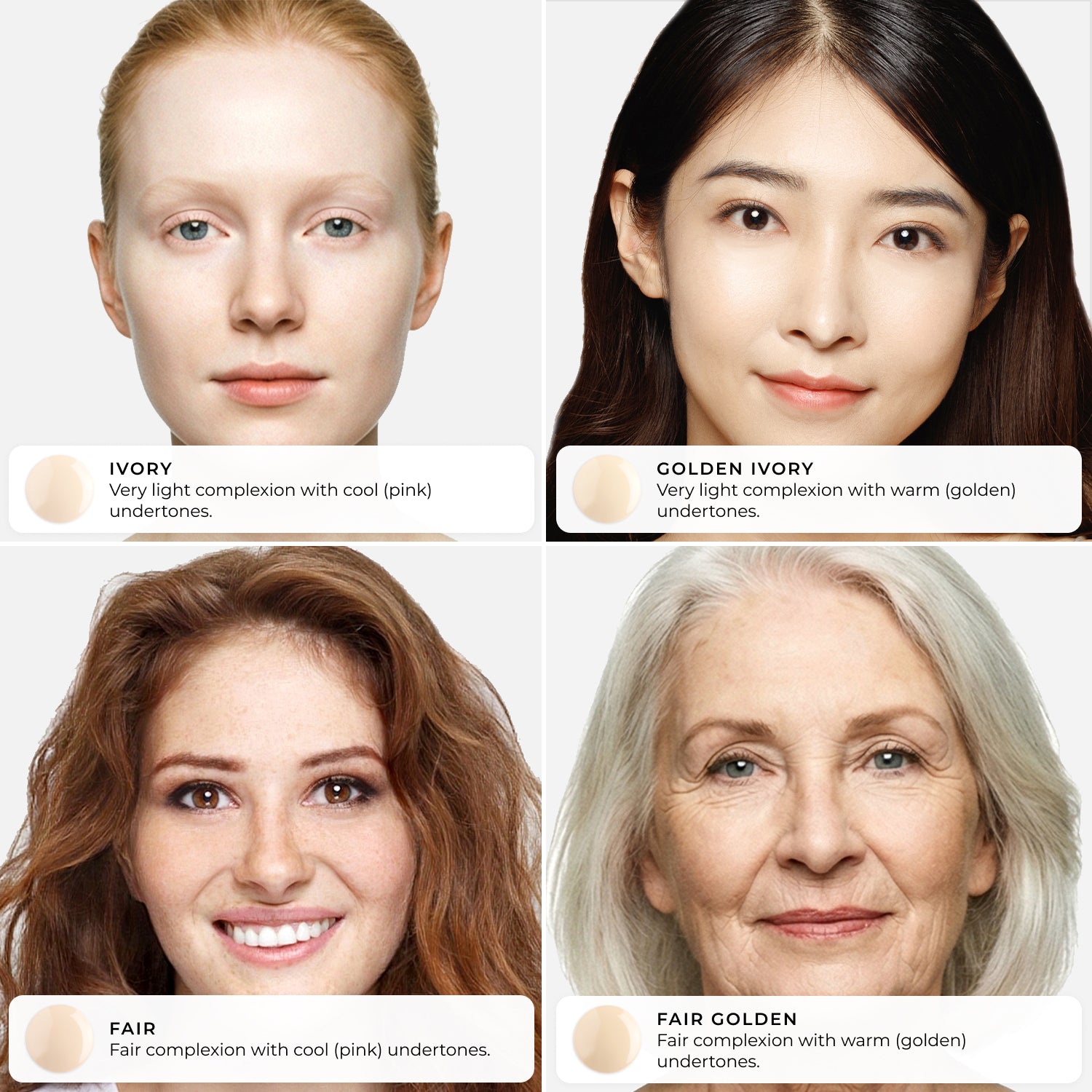 Group of four women wearing different AMAZINGCONCEALER shades, demonstrating undertones and coverage with shades labeled.