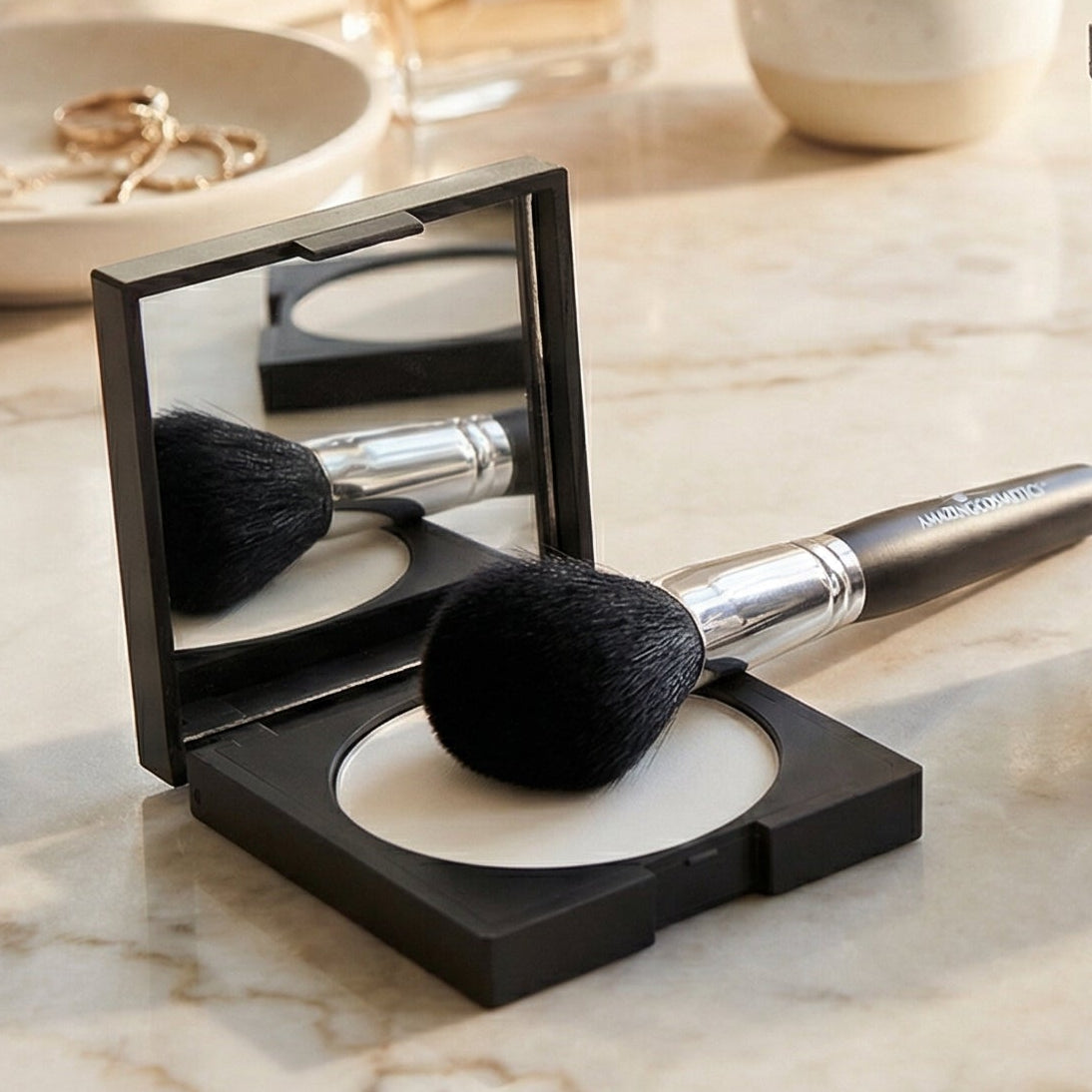 Makeup products including a compact powder, brush, and tube on a marble surface with flowers and jewelry in the background.